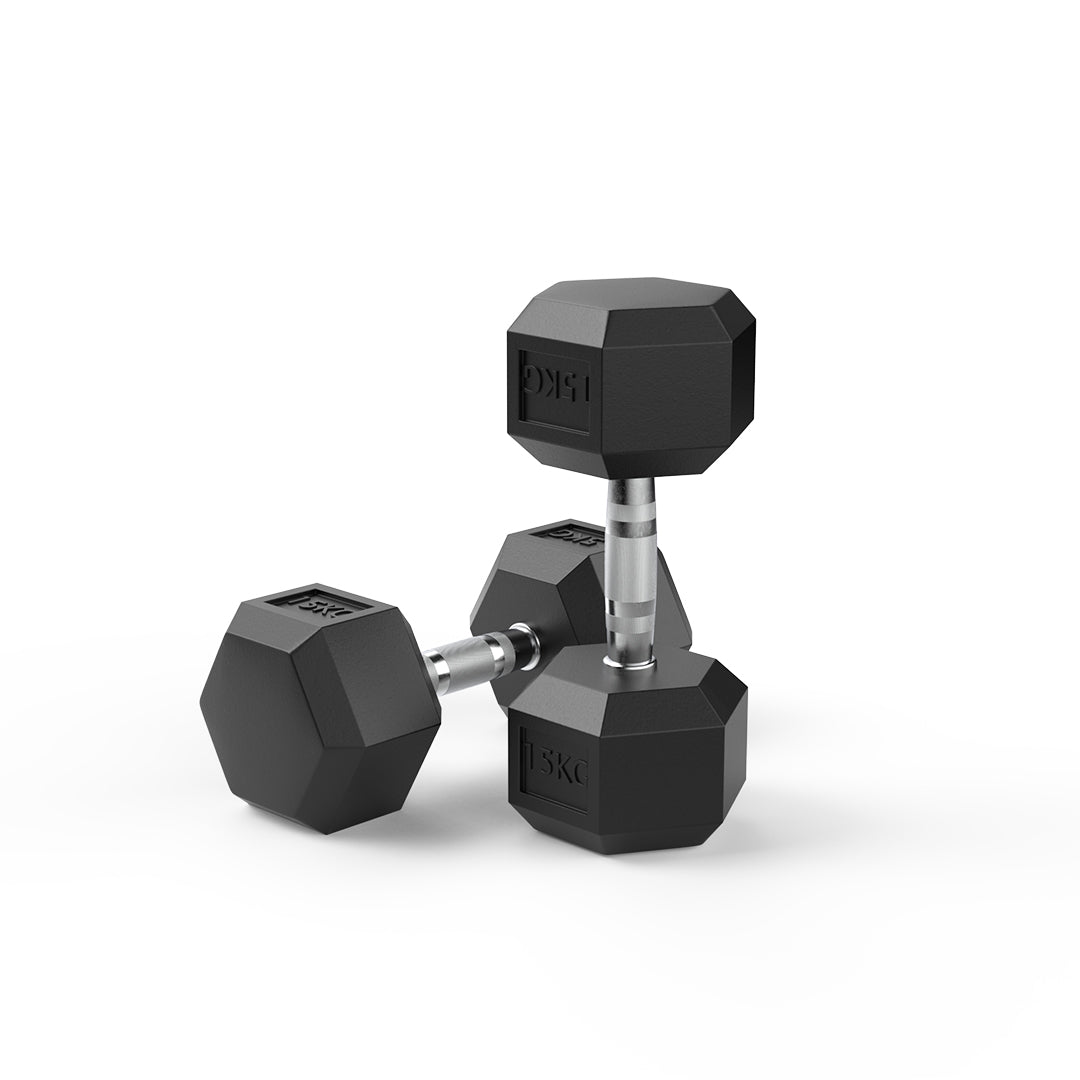 image of 15kg rubber hex dumbbell pair