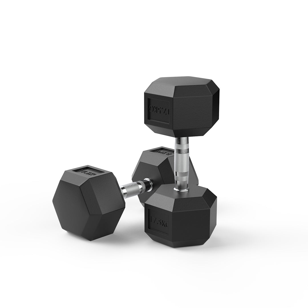 pair of 17.5kg rubber hex dumbbell pair
