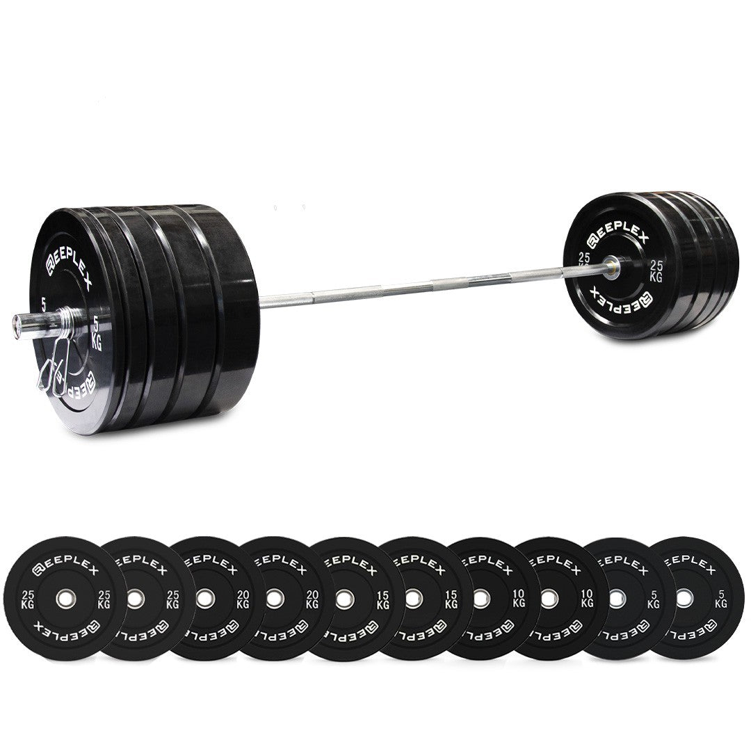 170kg Pro Olympic Barbell & Bumper Set with Clips 