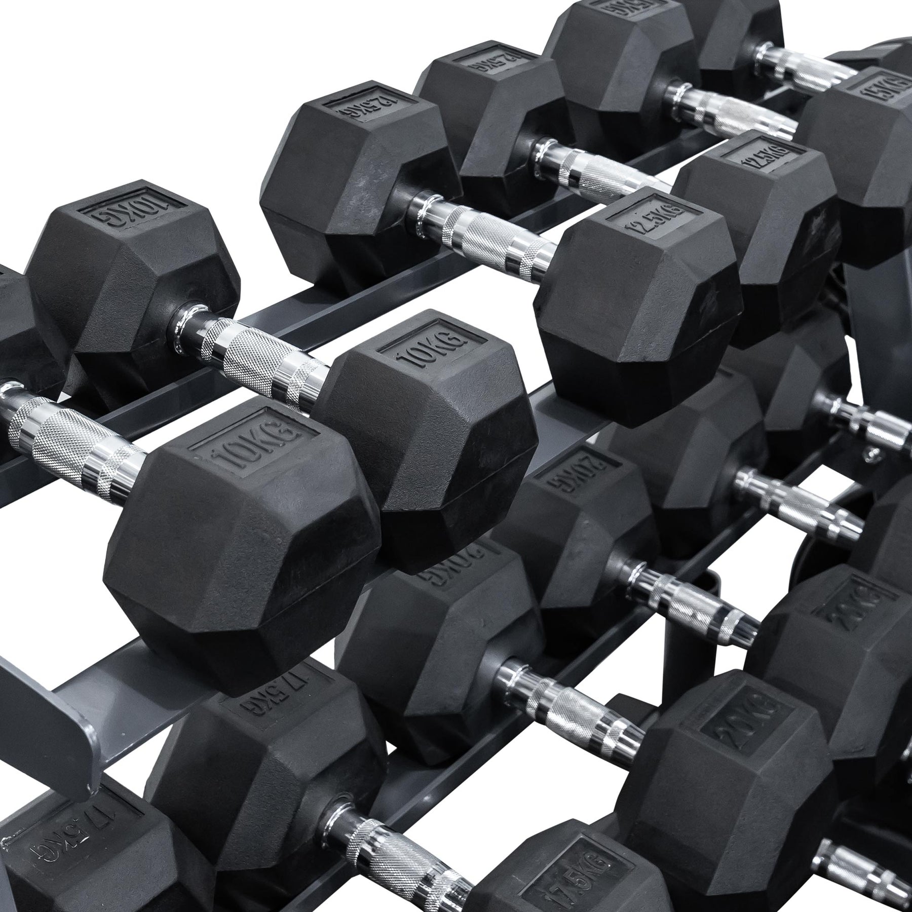 10-30kg Rubber Hex Dumbbells + 3 Tier Multi-Storage Rack close up