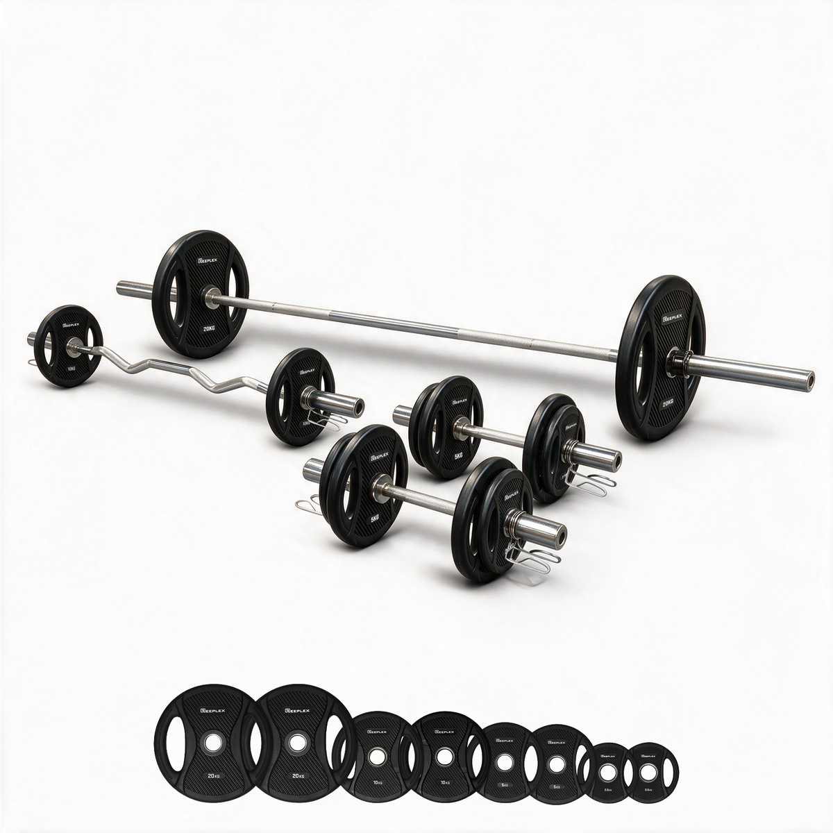 115kg Olympic 7ft Barbell + Ez Curl Bar + Olympic Dumbbells + Weight Set