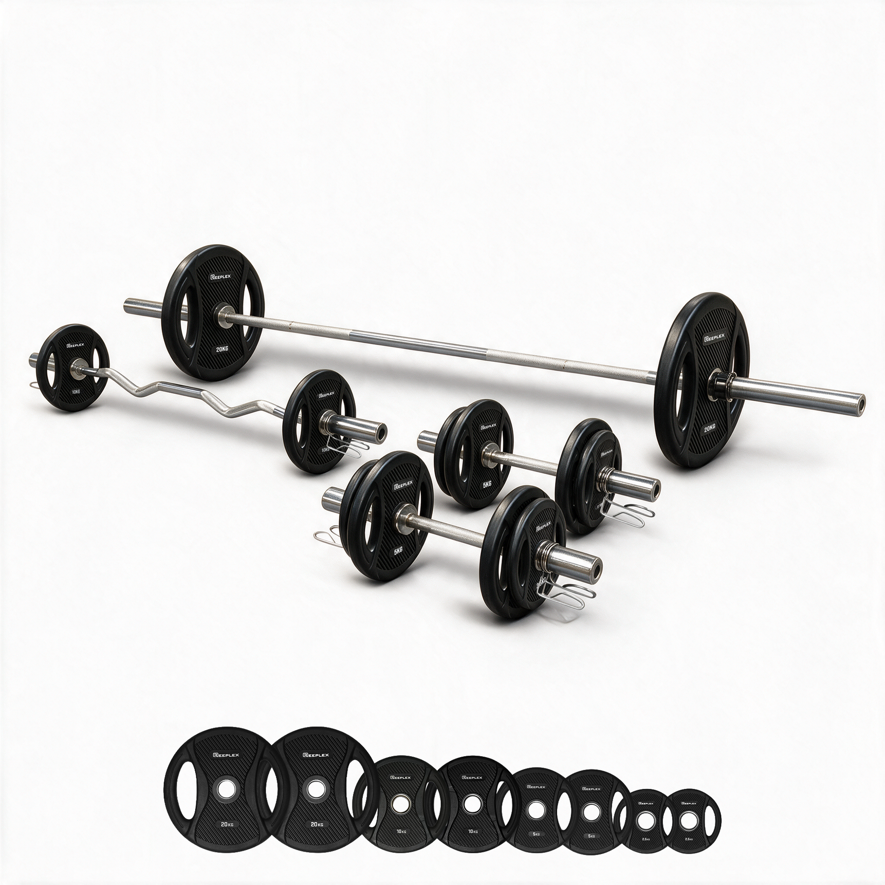 115kg Olympic 7ft Barbell + Ez Curl Bar + Olympic Dumbbells + Weight Set