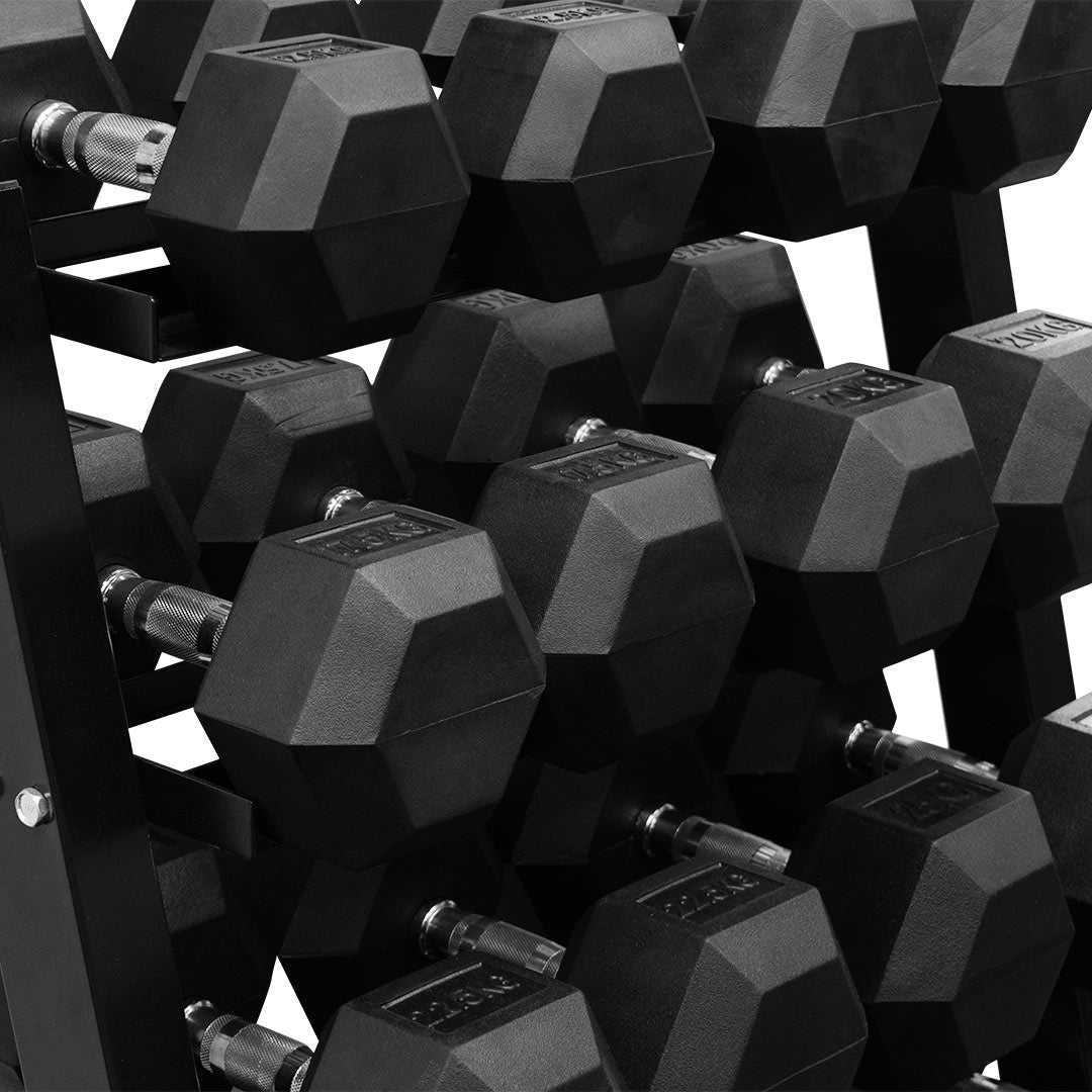 12.5kg - 30kg Rubber Hex Dumbbell Set + Rack | Dynamo Fitness Equipment