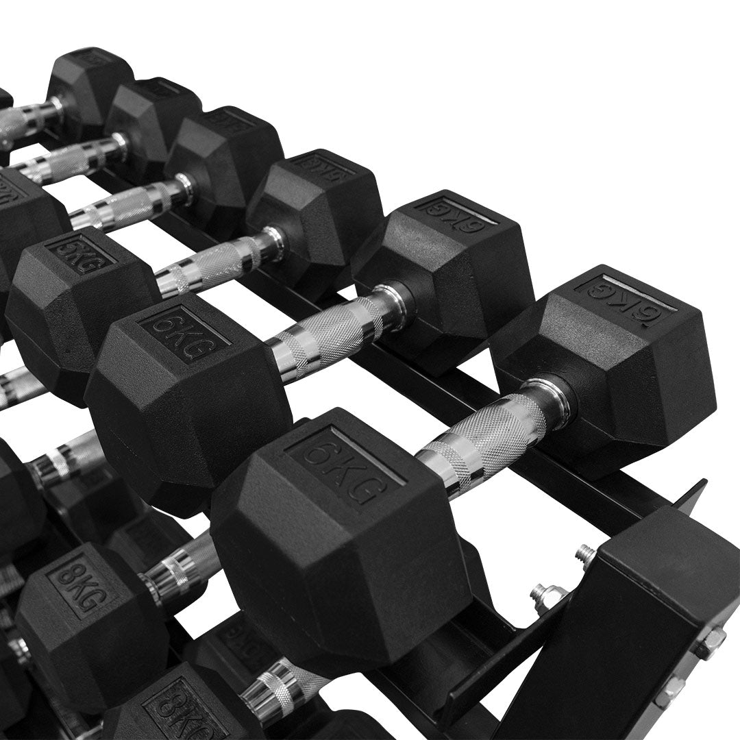 4-15kg Rubber Hex Dumbbell Set & Rack