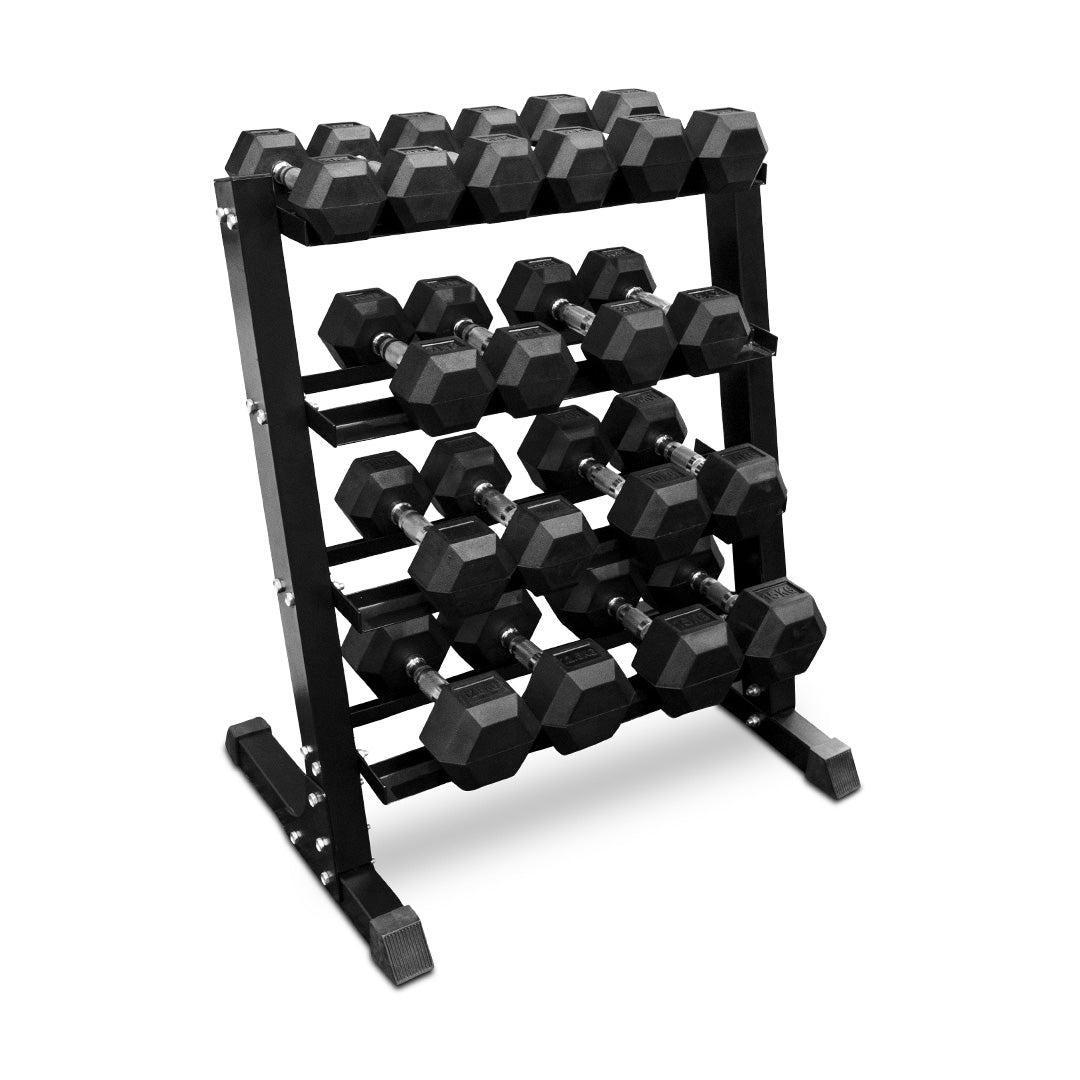 4-15kg Rubber Hex Dumbbell Set & Rack