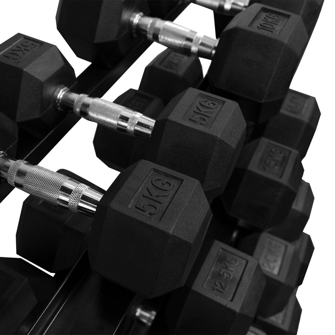 5-25kg Rubber Hex Dumbbell Set & Rack