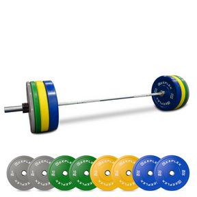 120kg Pro Olympic Barbell + Coloured Bumper Weight Set with Clips